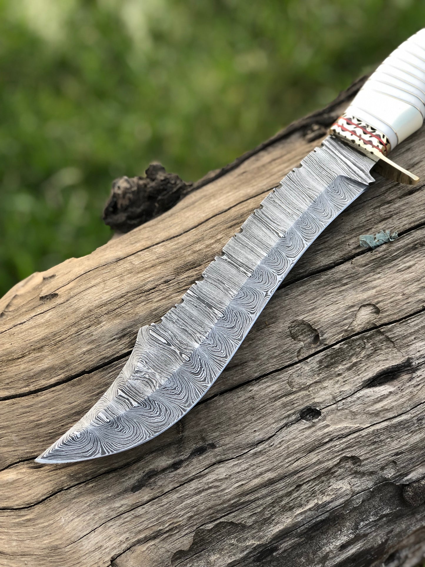 Handmade Damascus Steel Blade Bowie Knife Decorated Camel Bone Handle