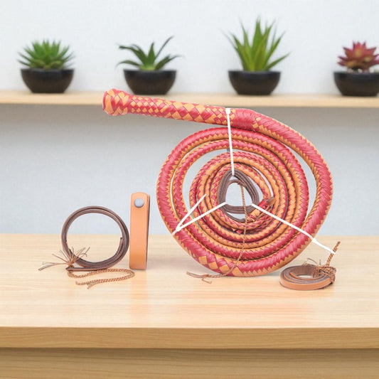 Bold Pink & Orange Leather Bull Whip – Handmade Cowhide Whip for Training, Performance & Collectors (4ft–16ft)