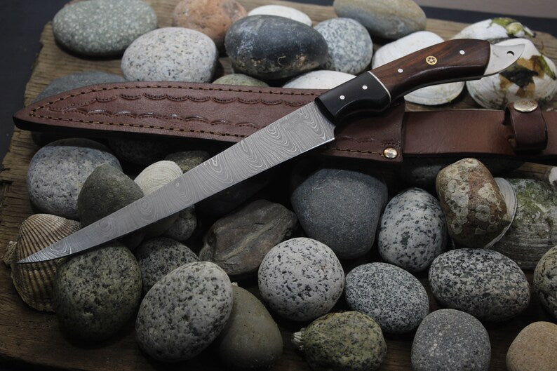 Custom Handmade Damascus Steel Fishing Fillet Knife 13" – Buffalo Horn & Rosewood Handle | Best Flexible Fillet Knife with Leather Sheath