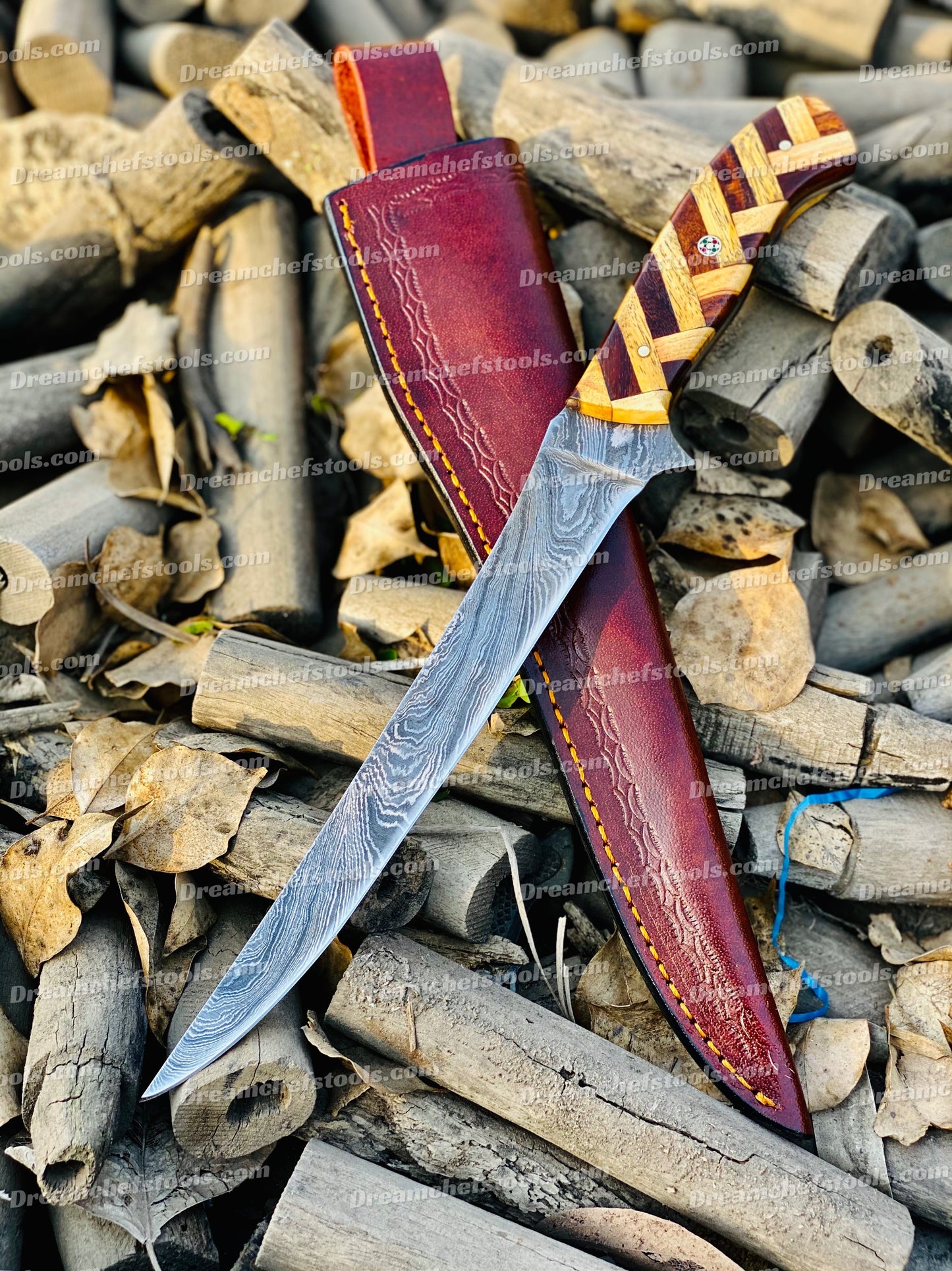 Custom Handmade Damascus Steel Fishing Fillet Knife – 13" Blade, Rosewood & Olive Wood Handle, Leather Sheath | Best Flexible Fillet Knives