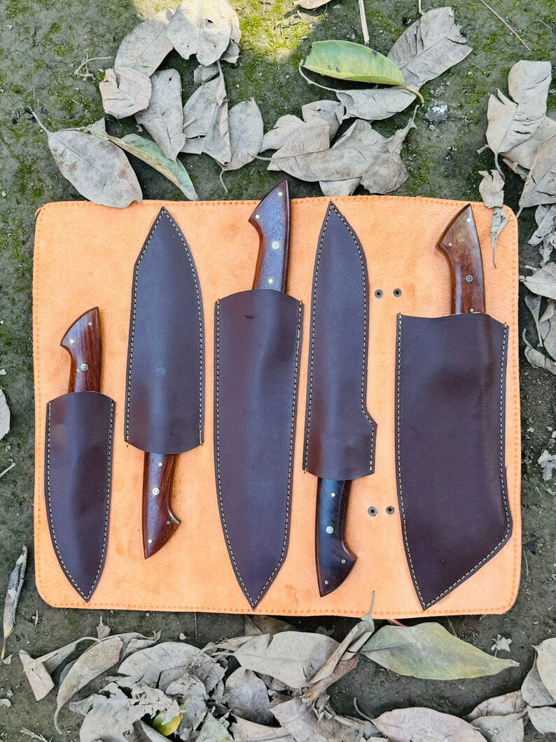 "Elegant Damascus steel knife set, crafted with rosewood and buffalo horn handles, 9-13 inch blade range