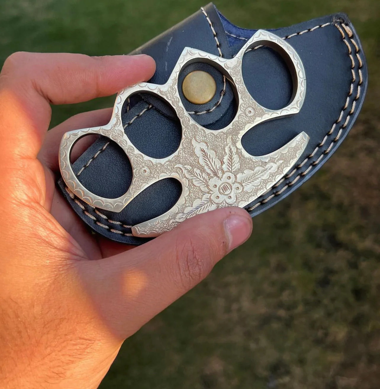 Engraved Brass Knuckles by Woody Knuckles – Solid Brass with Belt Loop Leather Case