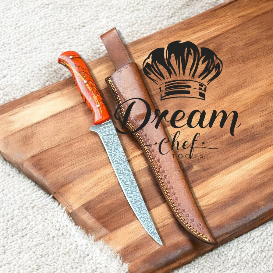 Fillet Knife Rapala – 13" Damascus Steel with Orange Pine Cone Resin Handle & Leather Sheath