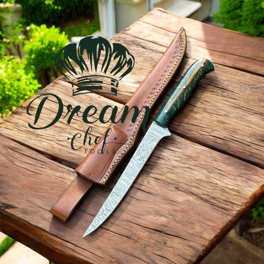 Rapala Fillet Knife – 13" Damascus Steel Blade with Green Pine Cone Resin Handle and Leather Sheath