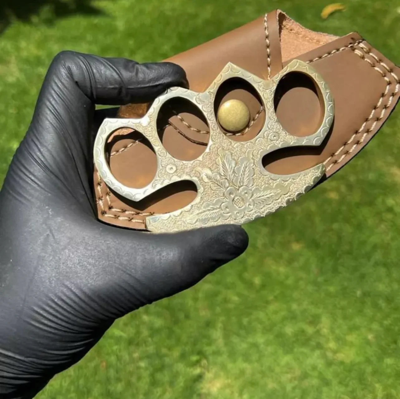 Everyday Carry Engraved Brass Knuckle with Durable Leather Belt Loop Case