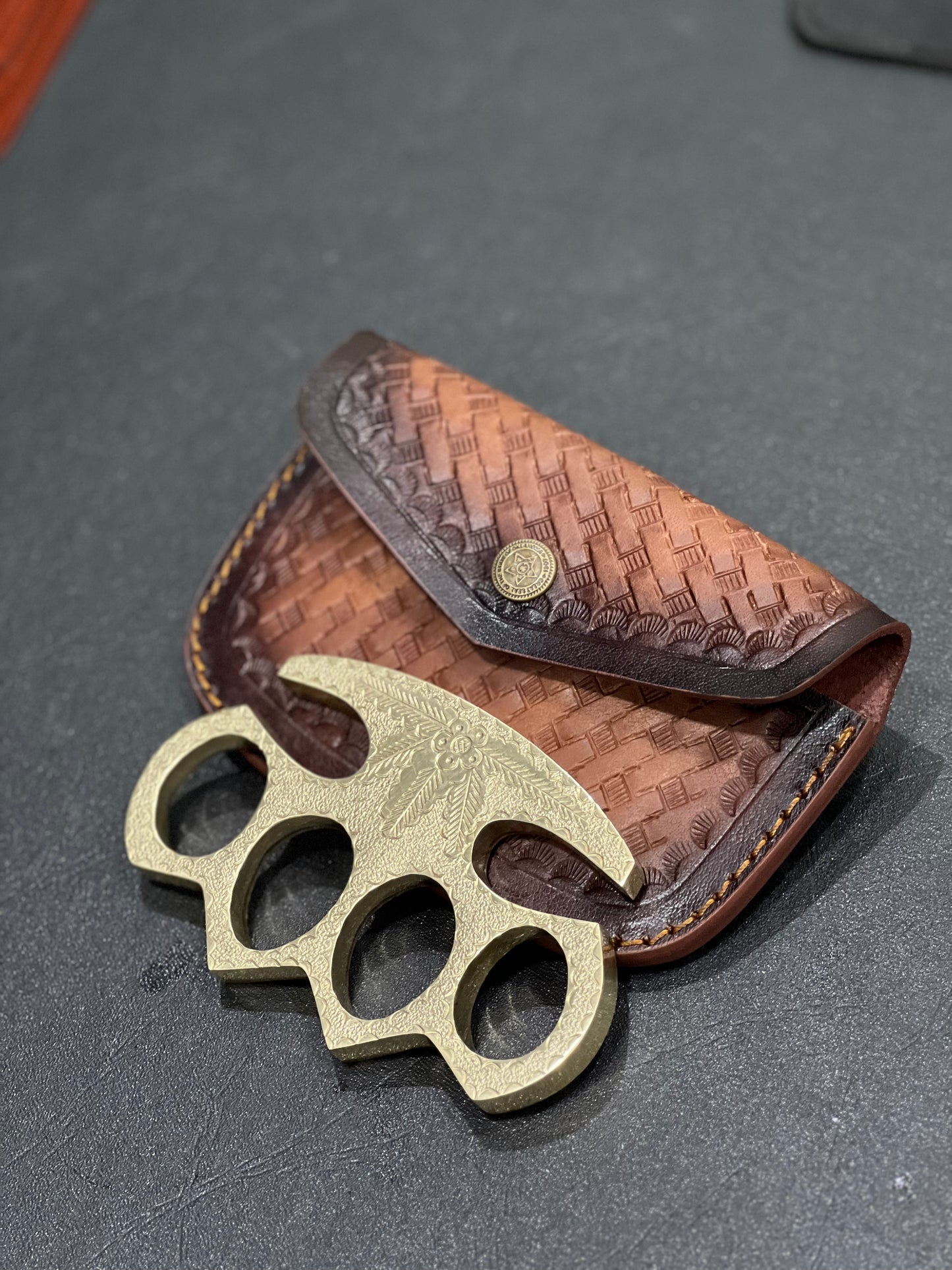 Everyday Carry Hand-Engraved Brass Knuckles with Patriotic Design and Leather Case for Self Defense