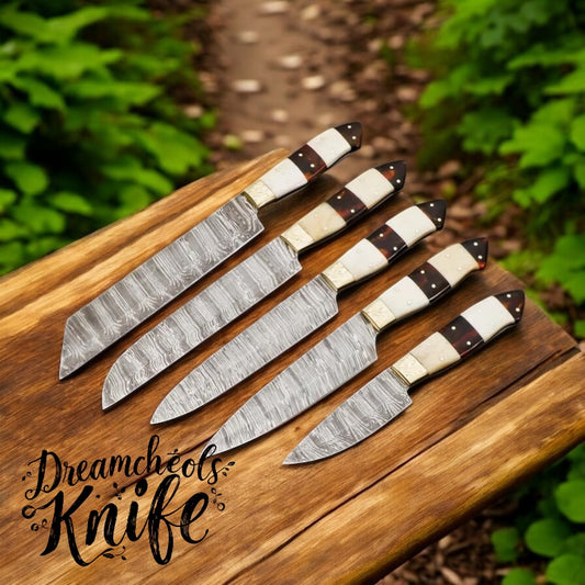 Damascus Knife Set – D2 Steel Blades with Camel Bone & Rosewood Handles + Leather Roll Kit