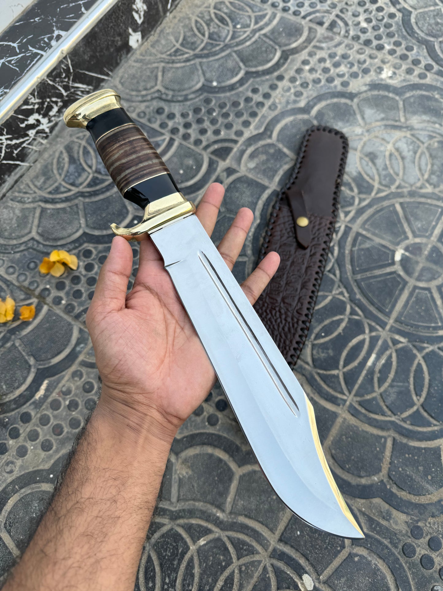 Custom Handmade J2 Steel Crocodile Dundee Bowie Knife with Brass Guard and Leather Handle, 16-inch Overall Length, with Leather Sheath