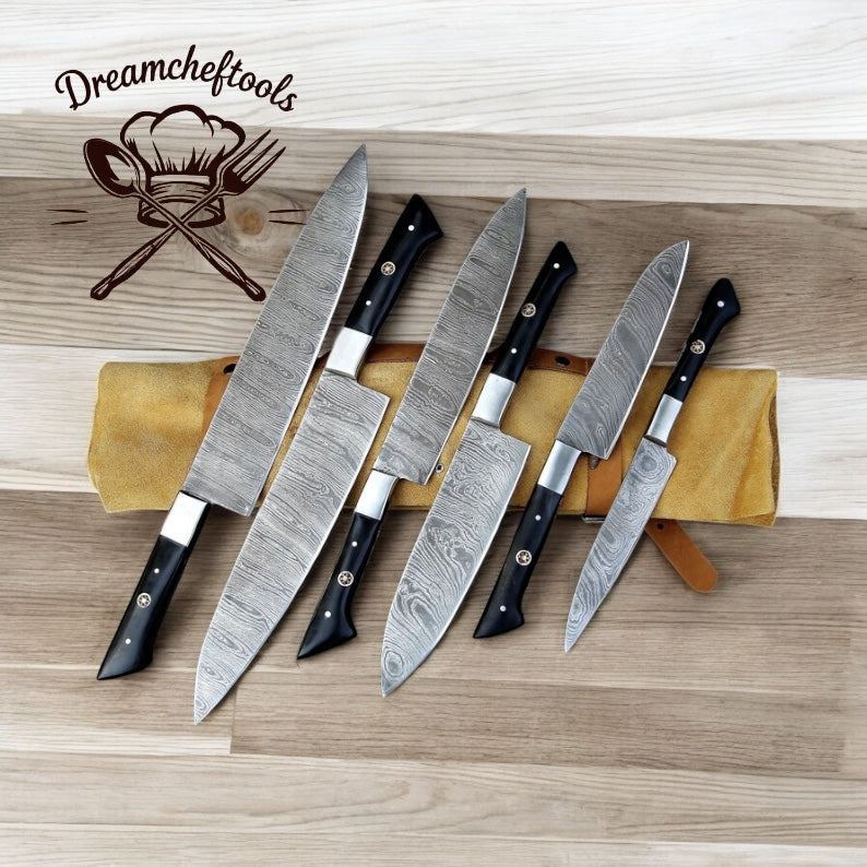 Set of Kitchen Knife – 13” Handmade Damascus Steel Chef Knife with Epoxy Resin Handle, Steel Bolster & Leather Sheath
