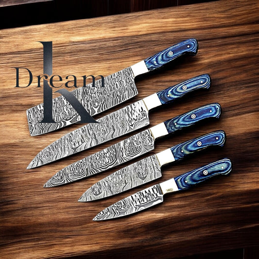 Knife Set with Sharpener – 13" Damascus Steel Blades, Pakkawood Handles, Steel Bolsters & Leather Roll Kit