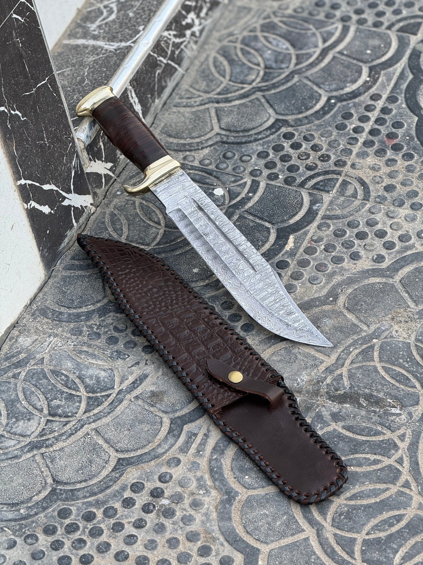 Custom Handmade Damascus Steel Crocodile Dundee Bowie Knife with Brass Guard and Leather Handle, 16-inch Overall Length, with Leather Sheath”
