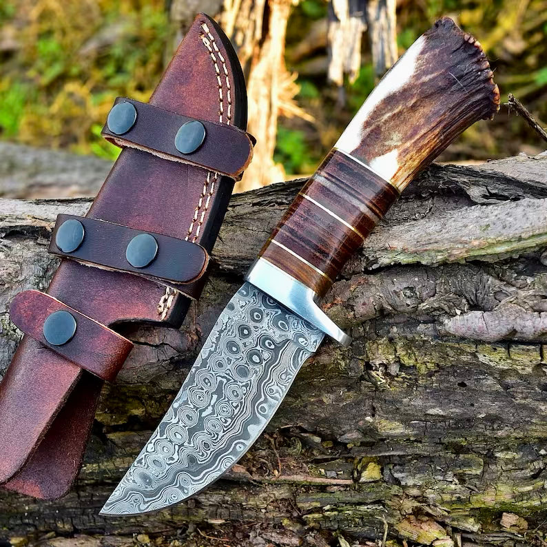 Custom Handmade Fixed Blade Damascus Steel Hunting Knife With Leather Sheath (Deer Stag Antler Handle) Amazing Gift