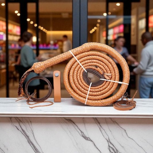 Premium Genuine Tan Leather Bull Whip – Handcrafted Western Whip (4ft–16ft)
