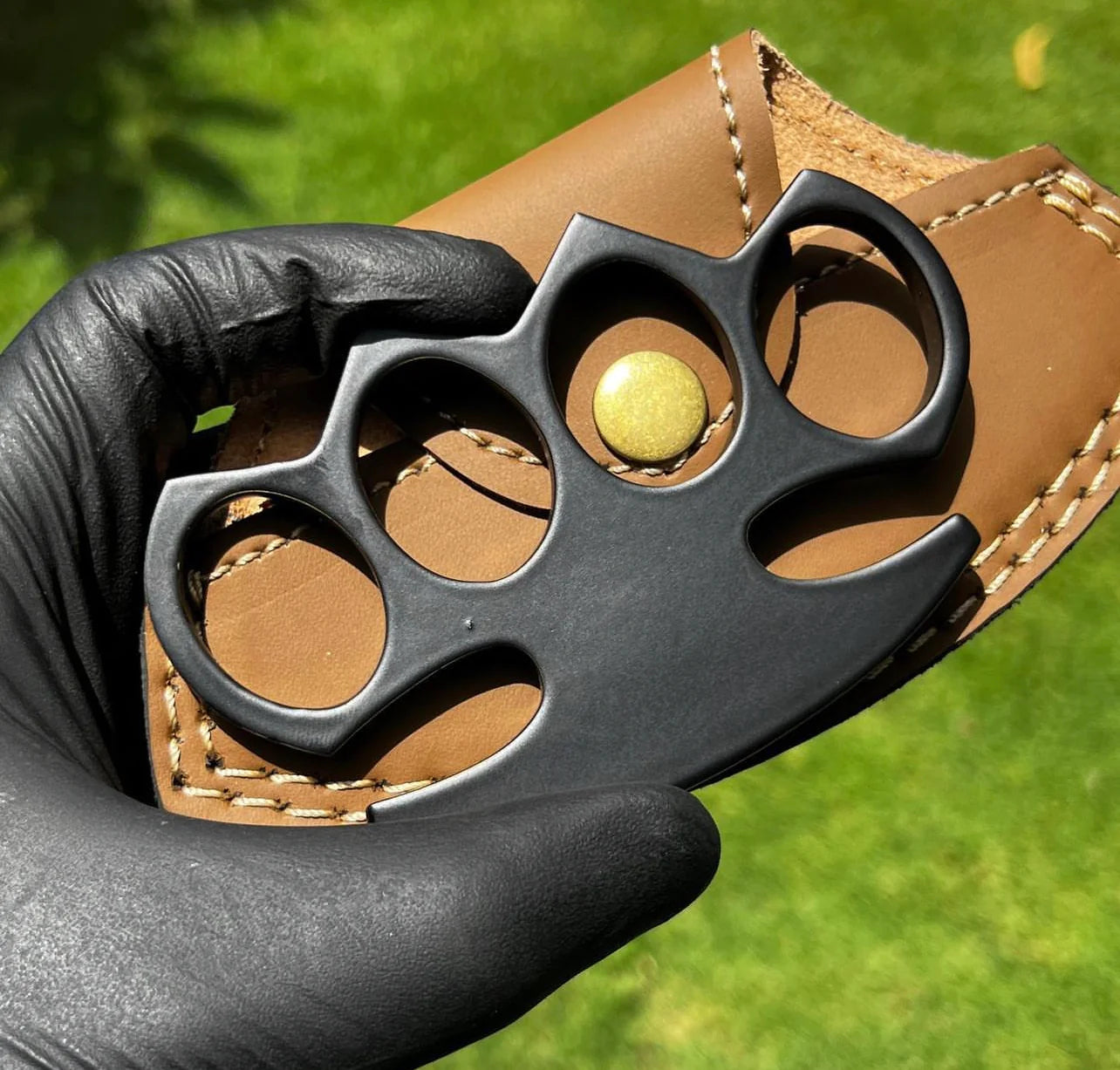 Custom Hand-Casted Black Brass Knuckle Duster with Leather Belt Case – Limited Edition EDC for Fall 2025