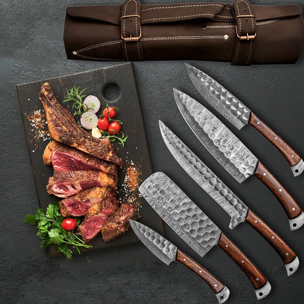 Hand-forged Damascus kitchen knives set with 7-inch blades and elegant rosewood handles, custom-made for precision and style