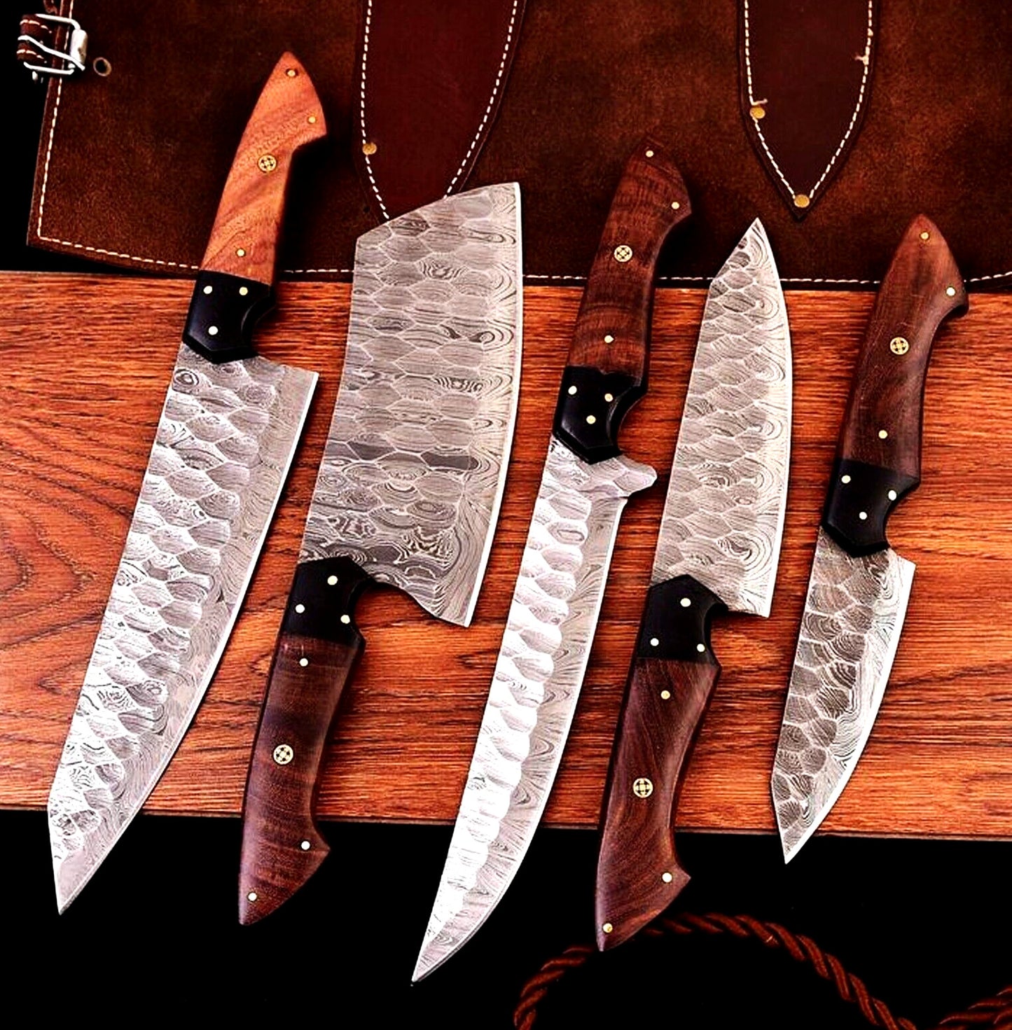 Hand-forged Damascus steel chef knife set with 9” to 13” blades and elegant rosewood and resin handles