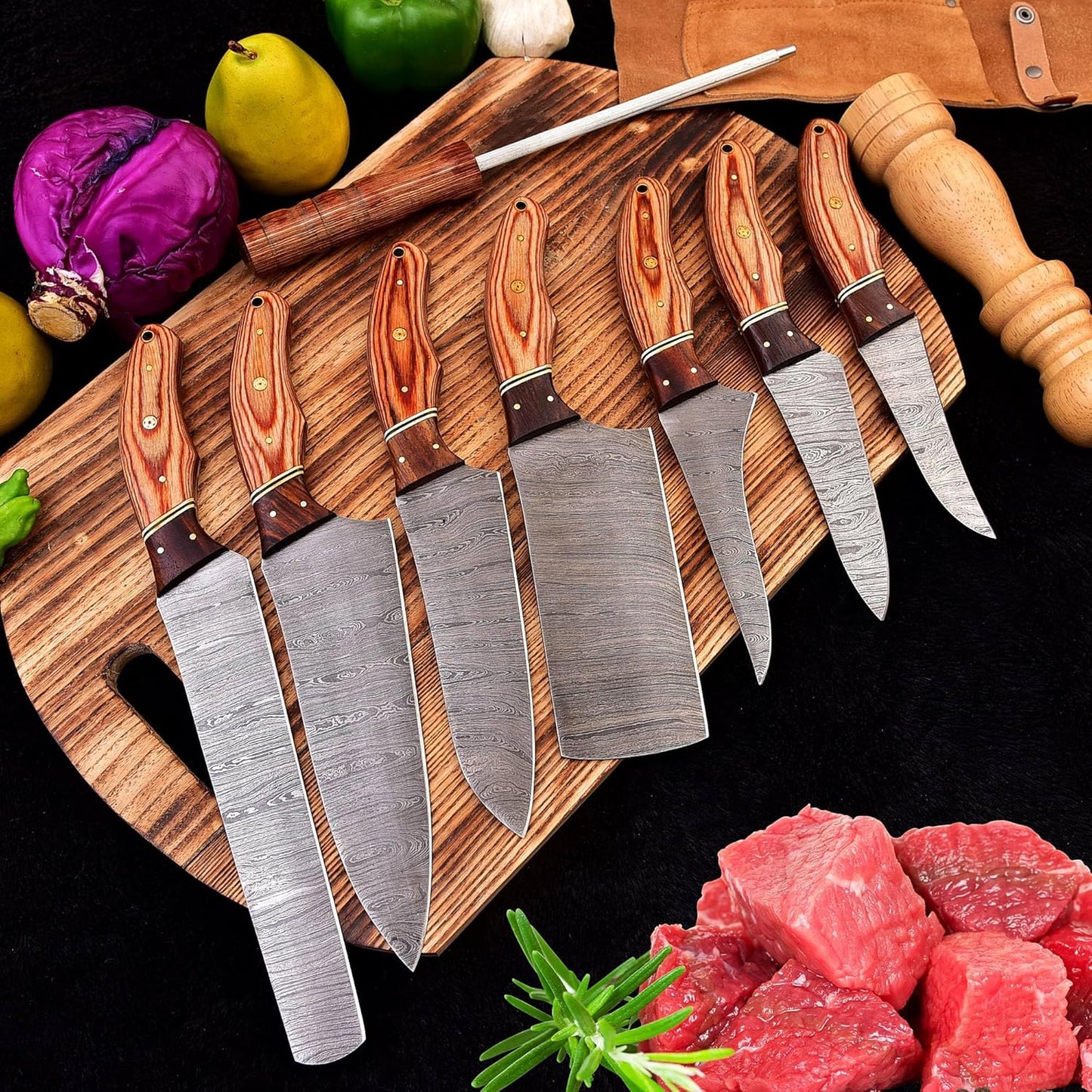 Hand-forged Damascus steel chef’s knife featuring intricate blade patterns and ergonomic handle