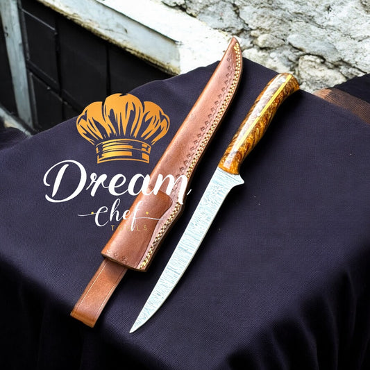 Filleting Fish Knife – 13" Damascus Steel Blade with Orange Cone Resin Handle & Leather Sheath
