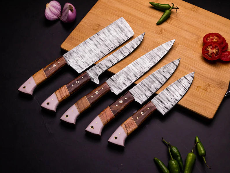 Hand-forged Damascus steel kitchen knife with elegant rosewood and camel bone handle