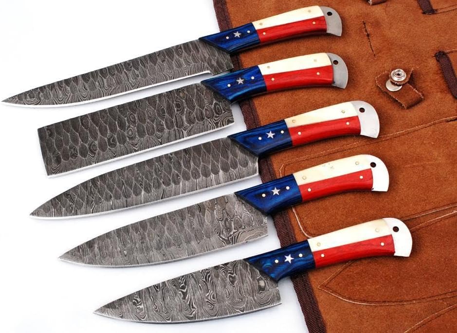 "Hand-forged Damascus steel knife set with camel bone and pakkawood Texas flag design handles"