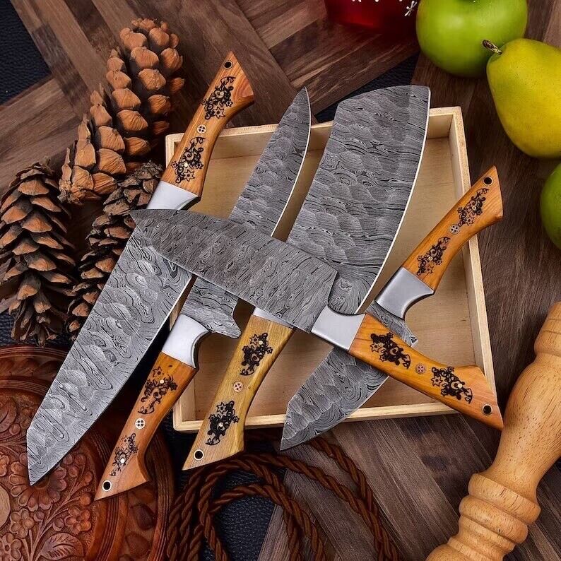 Hand-forged Damascus steel knife set with rosewood engraved handles and steel bolsters, featuring blades from 9 to 13 inches