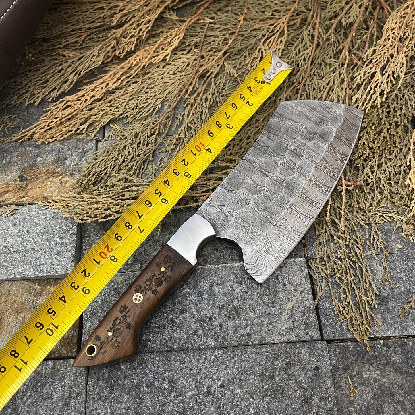 Hand-forged Damascus steel knife set with rosewood handles and 9” to 13” blades for collectors