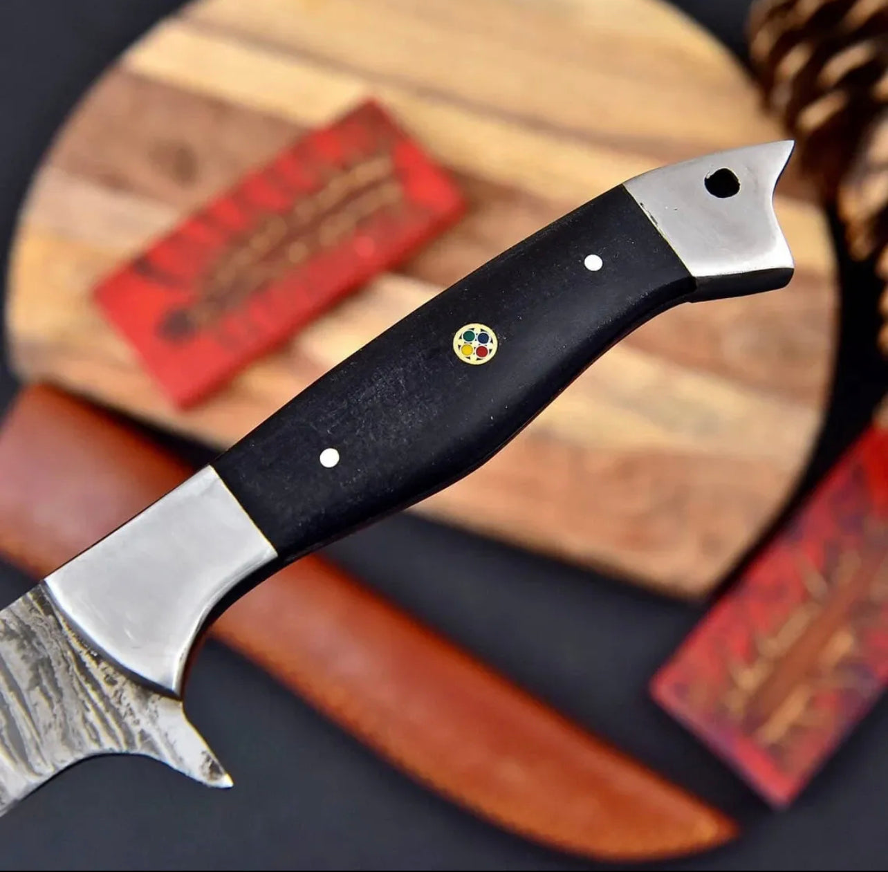 Handcrafted 13" Damascus Steel Fillet Knife with Buffalo Horn Handle and Steel Bolster, Includes Leather Sheath