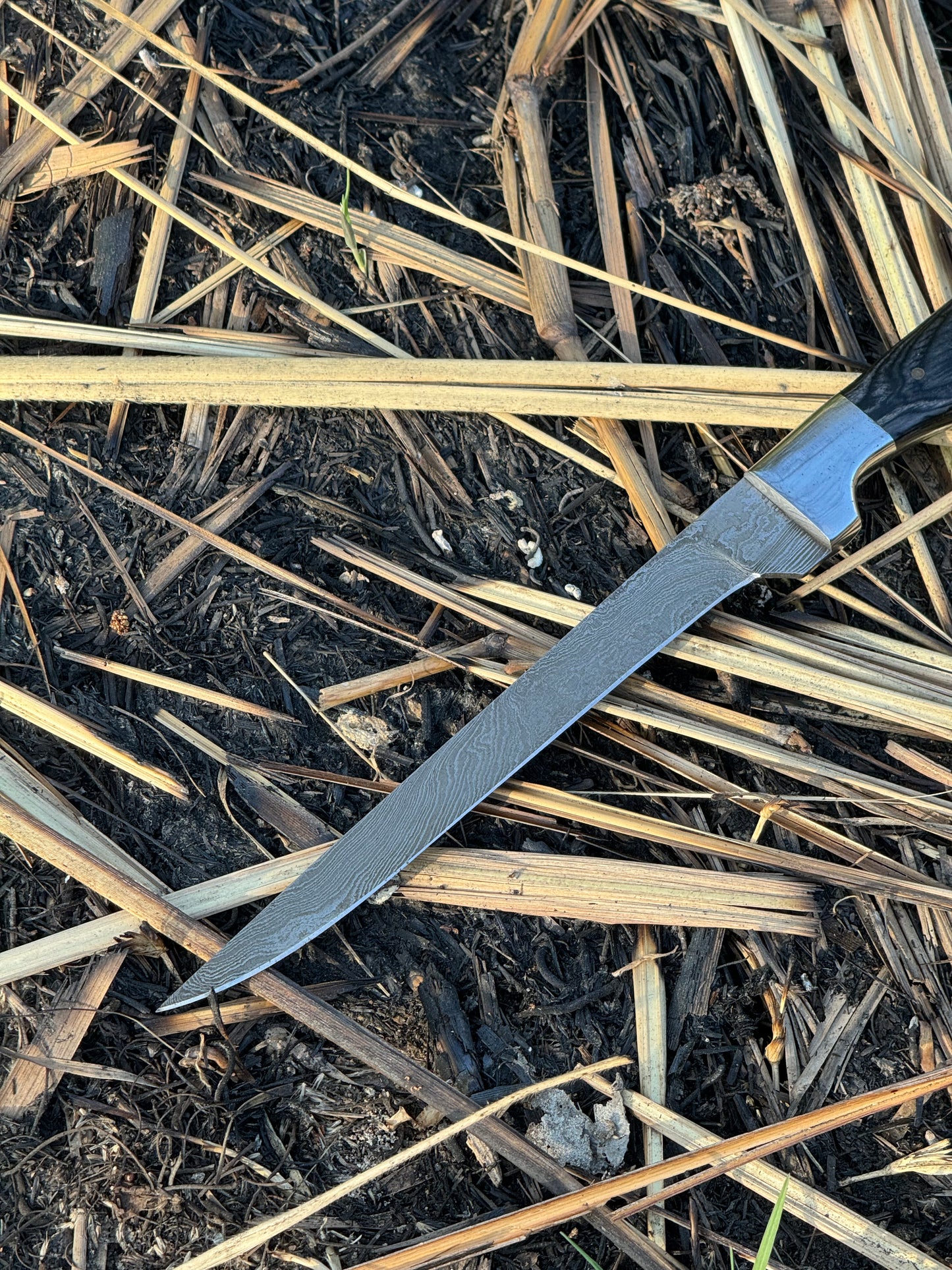 Handcrafted 13" Damascus Steel Fillet Knife with Pakkawood Handle, Steel Bolster, and Leather Sheath
