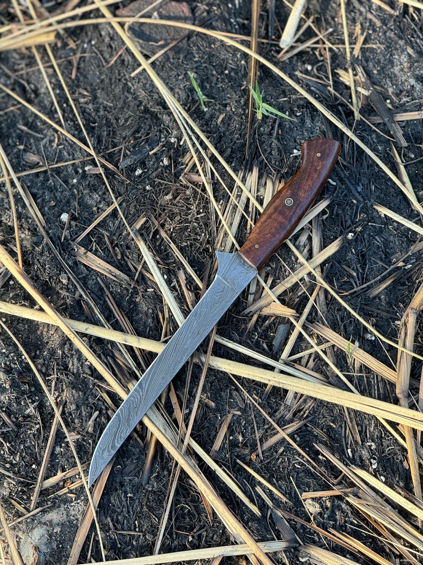 Handcrafted 13" Damascus Steel Fillet Knife with Rosewood Handle, Steel Bolster, and Leather Sheath