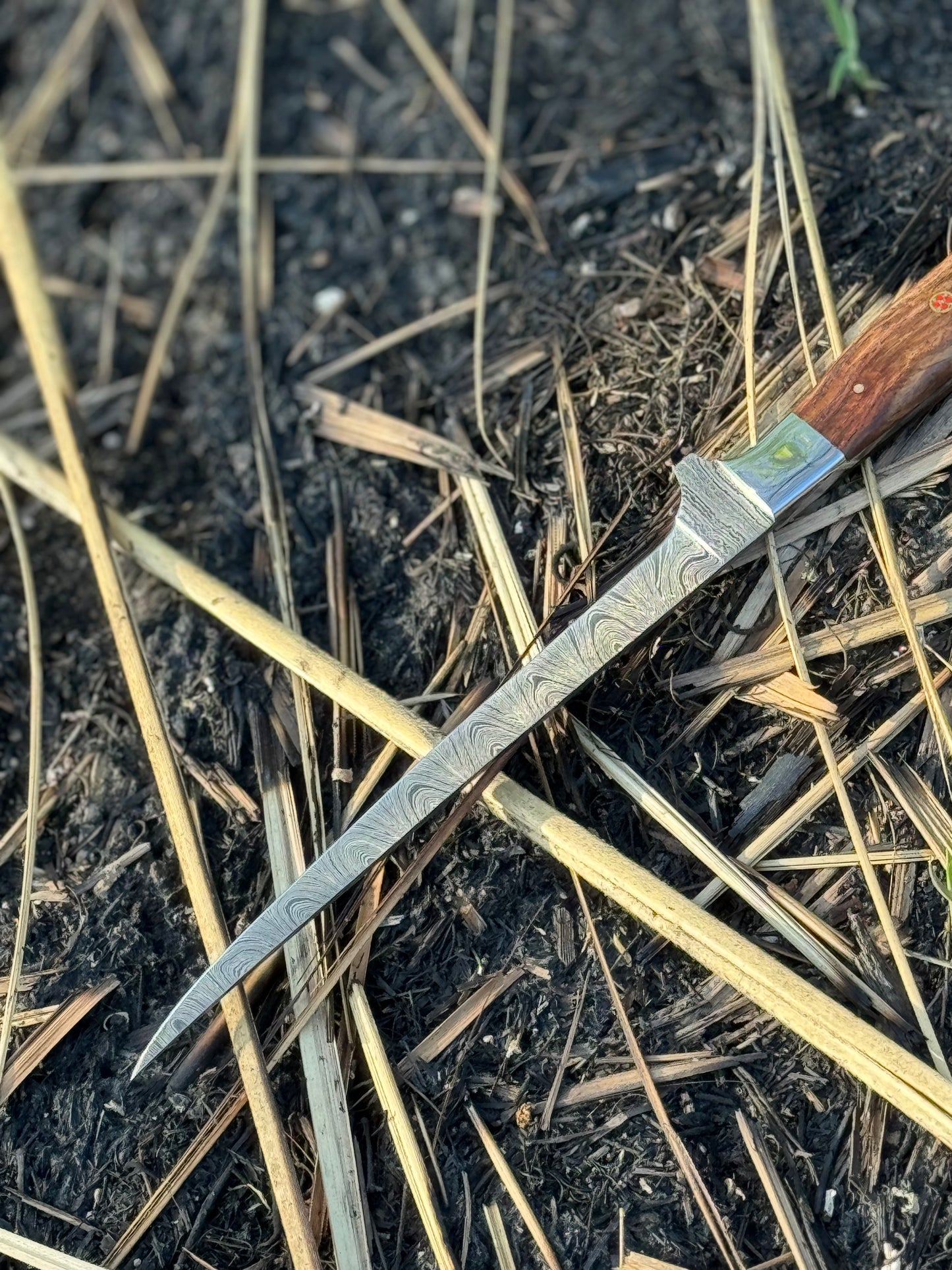 Handcrafted 13" Damascus Steel Fillet Knife with Rosewood Handle and Steel Bolster, Includes Leather Sheath