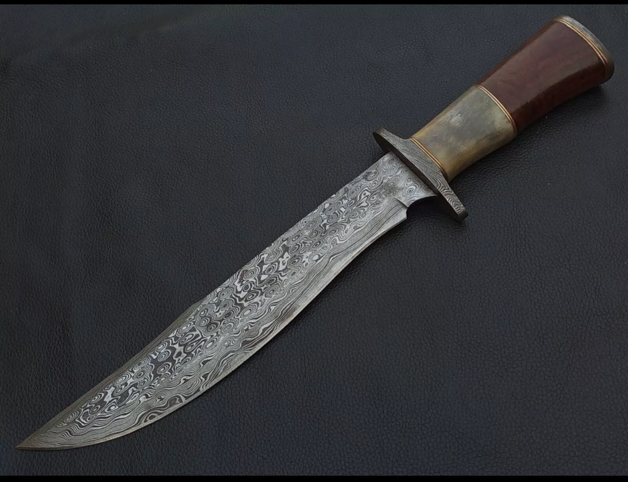 "Handcrafted 15” Bowie Knife with Color Bone Handle and Damascus Guard, Featuring Leather Sheath