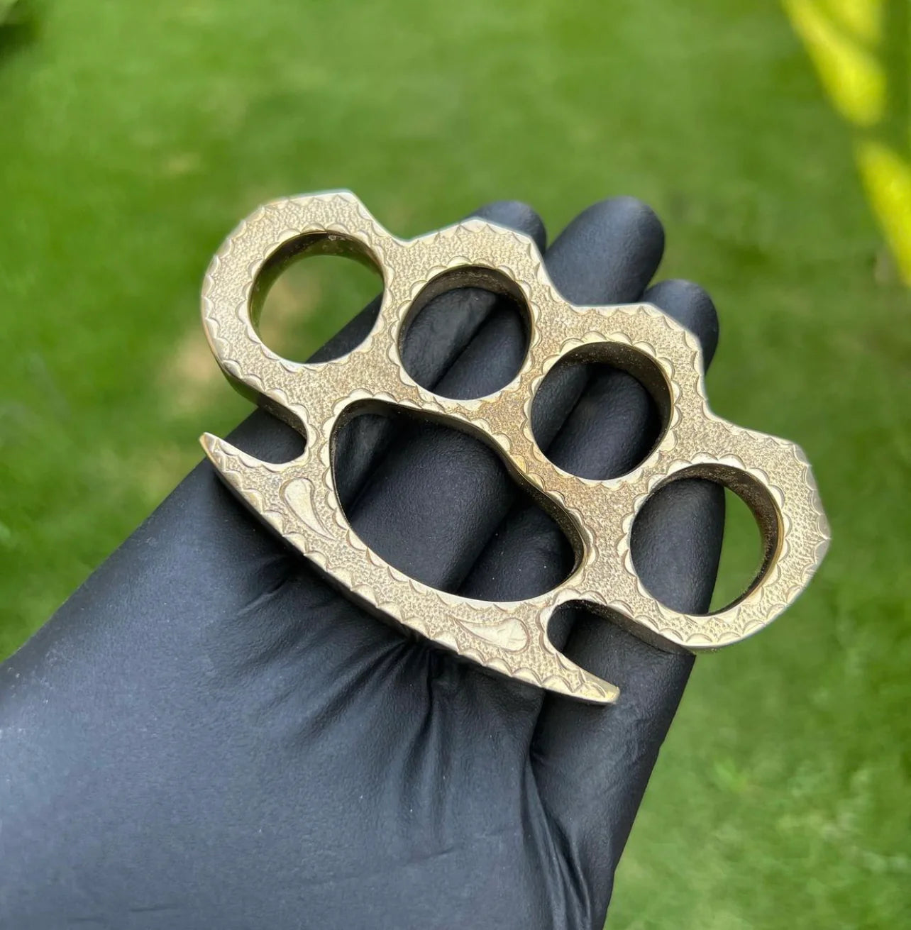 Handcrafted Brass Engraved Knuckle Duster with Belt Loop Leather Case