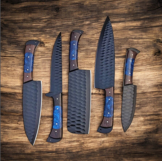 "Handcrafted Custom Kitchen Knife Set with Wenge Wood Handle and Forged Steel Blade"