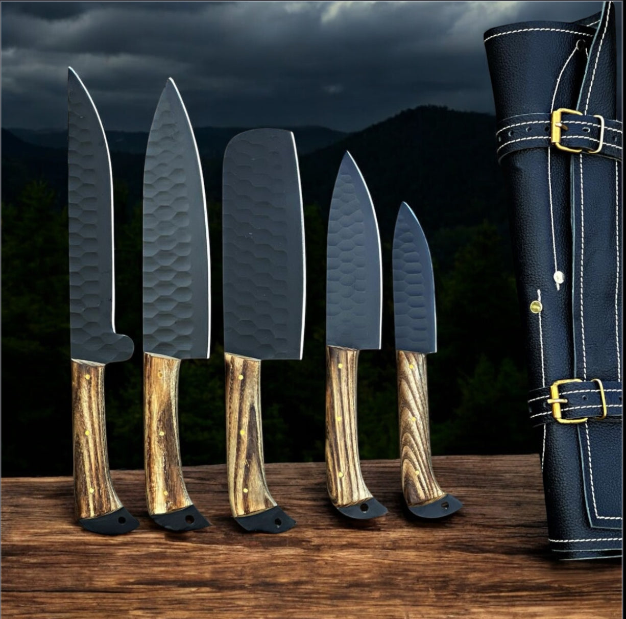 "Handcrafted Custom Kitchen Knives Set with Olive Wood Handles and Leather Case – Professional Chef-Grade Cutlery"