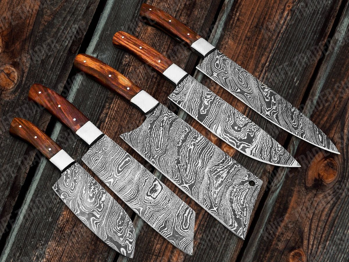Premium Custom Kitchen Knives Set – Handcrafted Damascus Steel Blades with Rosewood Handles