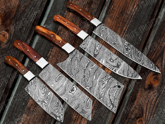 Premium Custom Kitchen Knives Set – Handcrafted Damascus Steel Blades with Rosewood Handles