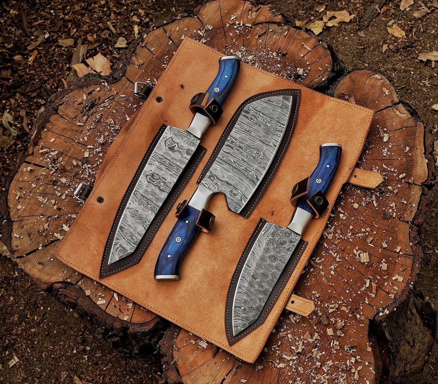 Handcrafted Damascus knife set showcasing unique patterns and ergonomic handles