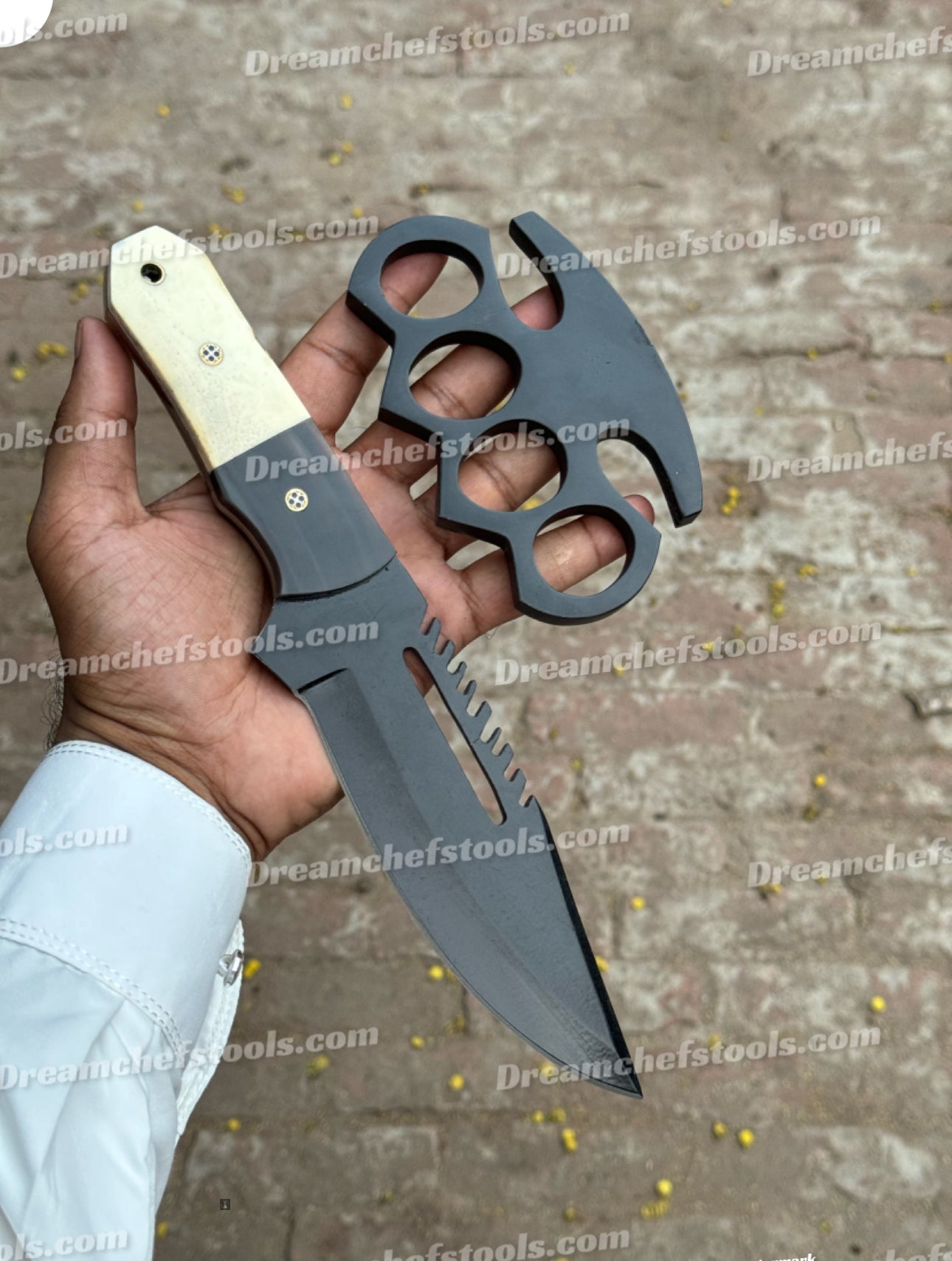 Handcrafted Sylo Brass Knuckle and Knife with Leather Belt Loop Case