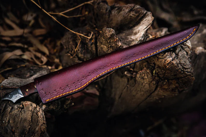 Handmade 13-Inch Damascus Fillet Knife with Leather Sheath—Perfect Gift Item.