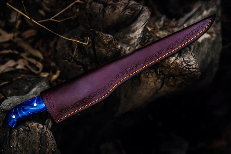 Handmade 13-Inch Damascus Steel Fillet Knife with Blue Resin Handle—Perfect Gift Item.