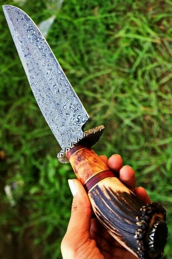 Handmade 15" Bowie knife with a Damascus steel blade, stag horn, and olive wood handle, perfect for outdoor use, includes leather sheath