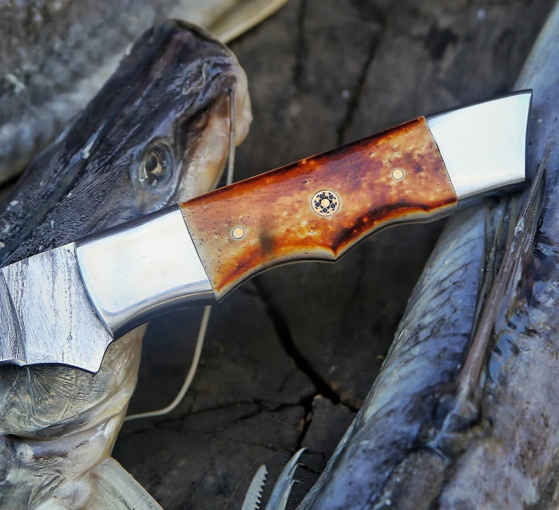 Handmade Damascus Fillet Knife with Camel Bone Handle—Perfect Gift Item.