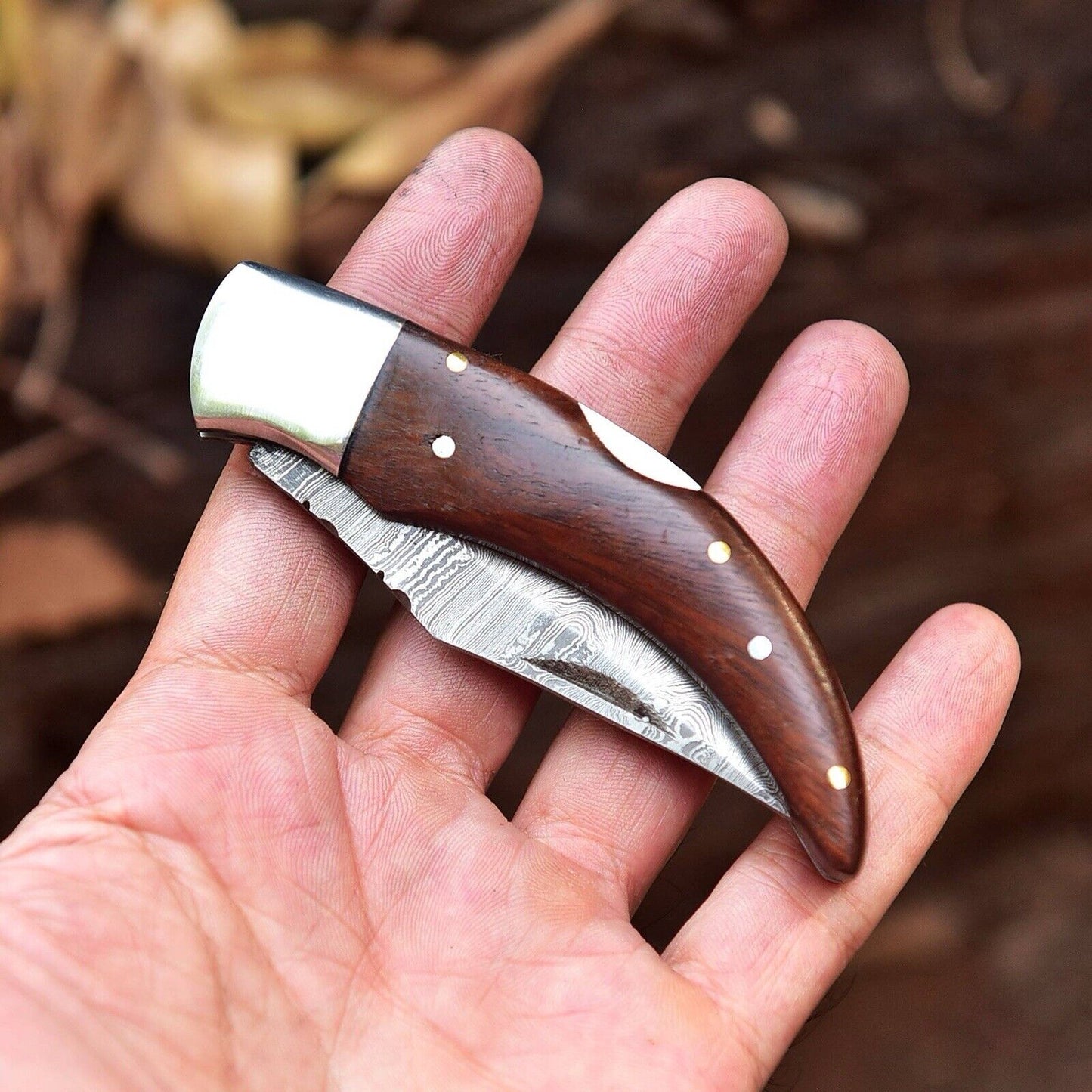 Autumn Edition Handmade Damascus Pocket Knife – 4" EDC Rosewood Handle with Leather Sheath