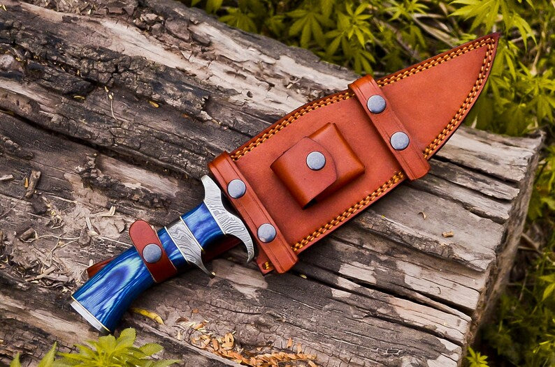 Custom Handmade Damascus Steel Bowie Knife with Pakkawood Handle and Damascus Steel Guard, 13 inches with Leather Sheath