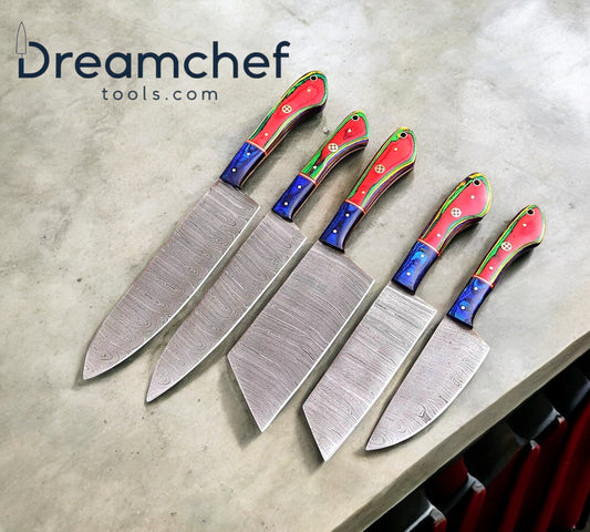 Knives Set for Kitchen – 13” Handmade Damascus Steel Chef Knife with Pakkawood Handle & Leather Sheath