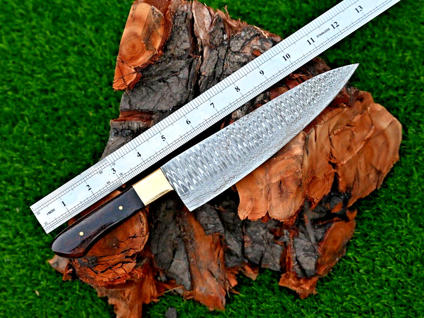 Handmade Damascus chef knife with leather sheath and rosewood handle"