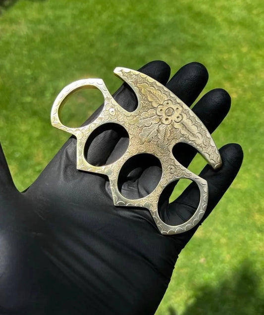 Handmade Engraved Brass Knuckle with Belt Loop Leather Case – Solid Brass Self Defense Tool