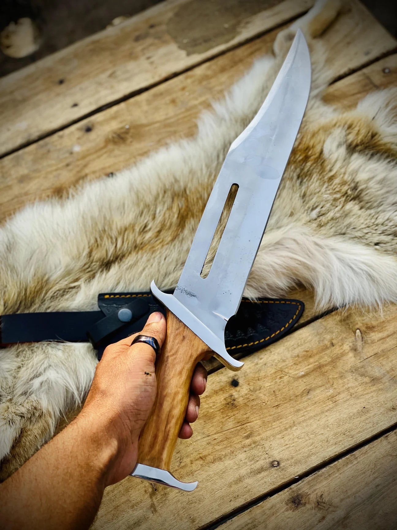 "Handmade Rambo Bowie Knife with Olive Wood Handle, D2 Steel Blade, and Leather Sheath.