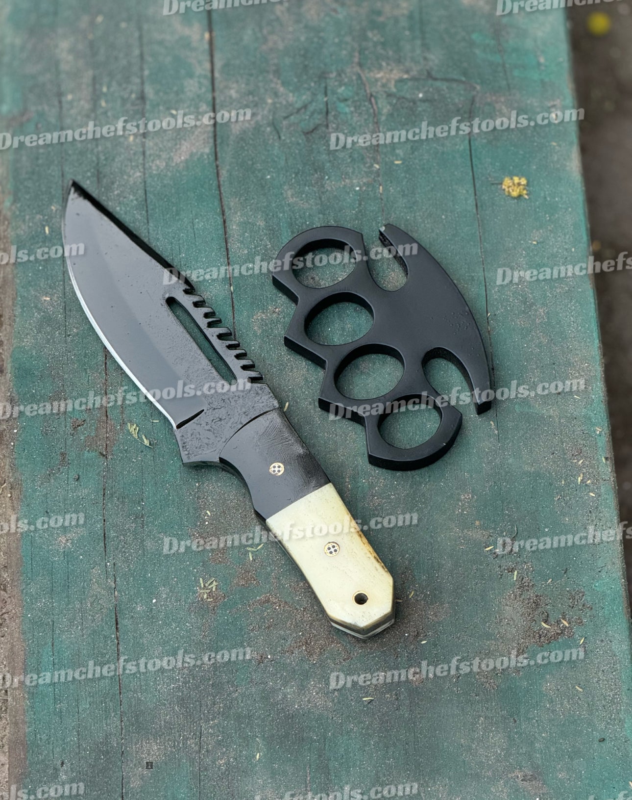 Handmade Sylo Brass Knuckle and Knife Set with Belt Loop Leather Case for Self Defense