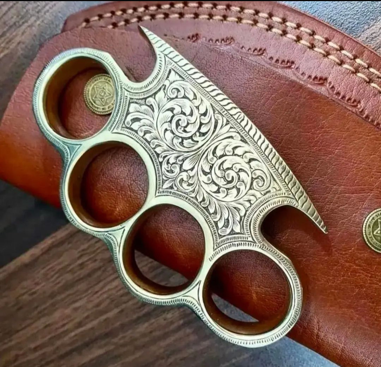 Handmade engraved brass knuckles with leather belt loop case